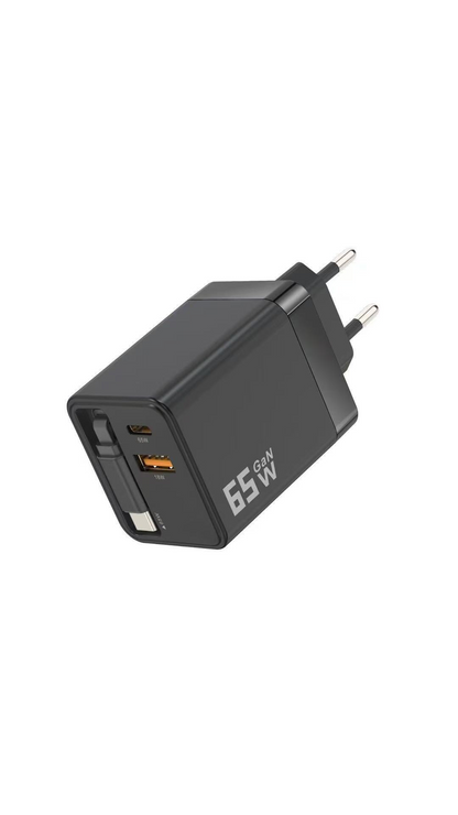 65W cargador de pared de carga rápida para móvil, con cable USB-C retráctil de 80 cm