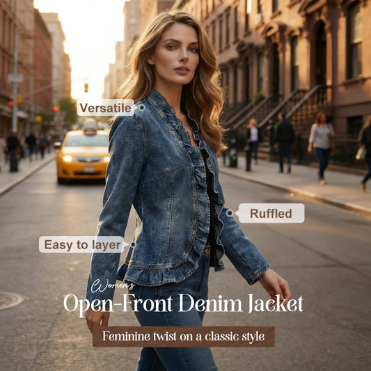 🧥 ¡50% DE DESCUENTO AHORA! 🌸 Chaqueta vaquera de mujer con volantes y frente abierto – Ligera y femenina – Versátil y elegante 👗