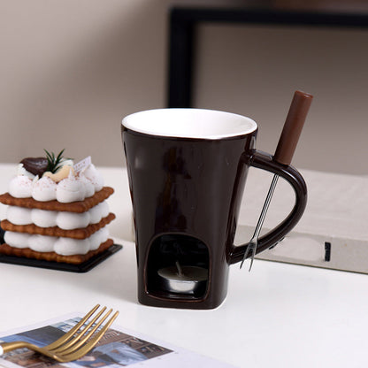🍫 50% dto. Taza de fondue de chocolate de cerámica con portavelas integrado – mantiene el chocolate a la temperatura ideal. ¡Incluye tenedor de metal y 200 ml! ✨🔥
